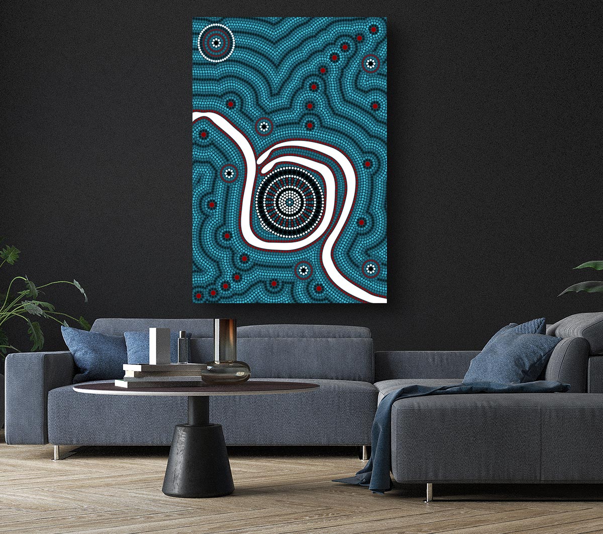 Aboriginal Pattern 1 canvas art mounted on a 44mm box frame, showcasing vibrant colors and intricate designs.